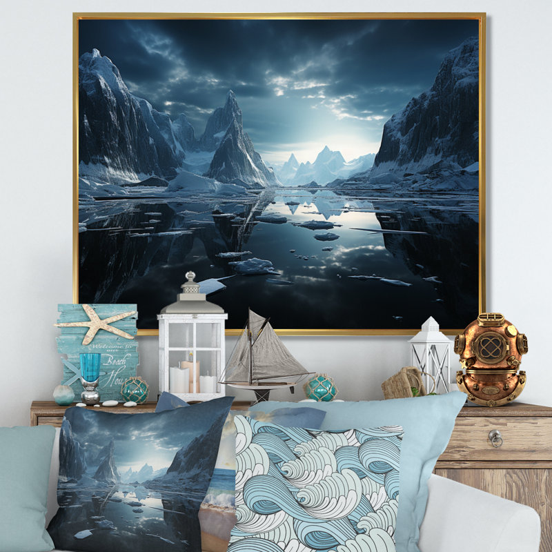 Teal Iceberg Silent Profondeurs - reproduction sur toile, H 30 po x l 40 po x P 1,5 po, Cadre flottant doré