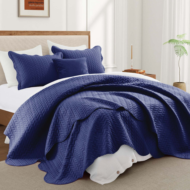 Embossed Microfiber Quilt Coverlet Set, Navy, Twin ( 66 Inc x 86 Inc )