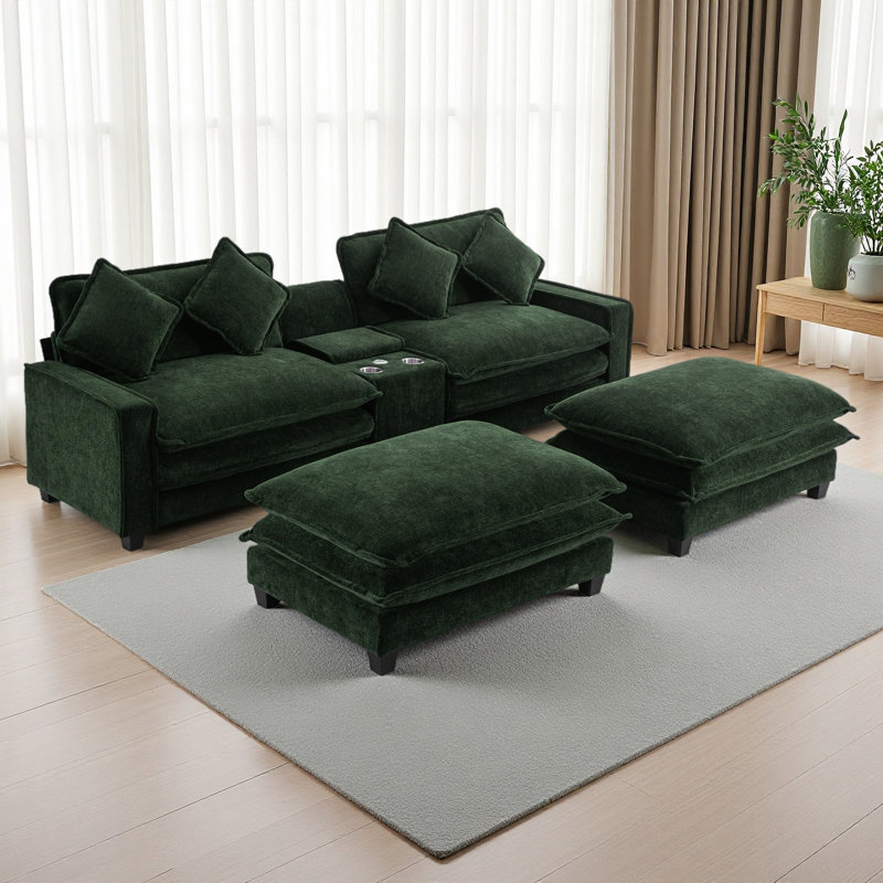 Canapé modulaire en chenille de 111 po avec deux repose-pieds amovibles, deux ports USB, deux porte-gobelets et une grande boîte de rangement pour le salon