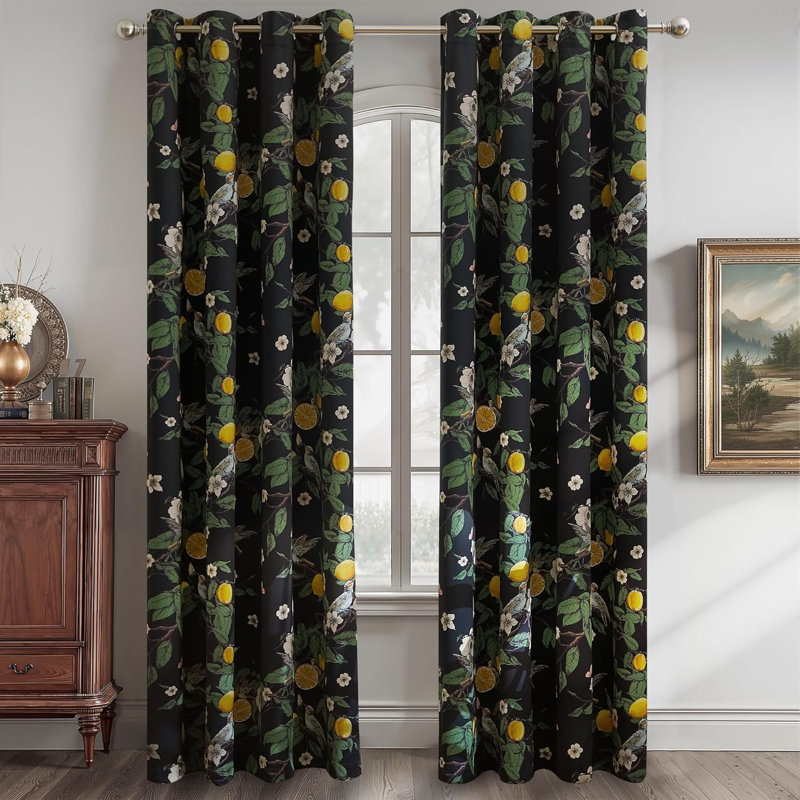 100% Blackout Curtains, Grommet Pattern Gold Foil Printed Window Treatments Room Darkening Drapes for Bedroom, 2 Panels