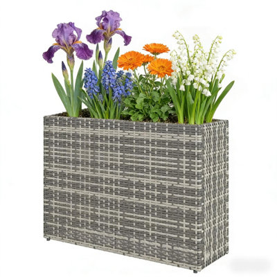 Modern Elevated Planter Box, Steel And Rattan, Compact Design For Home Garden