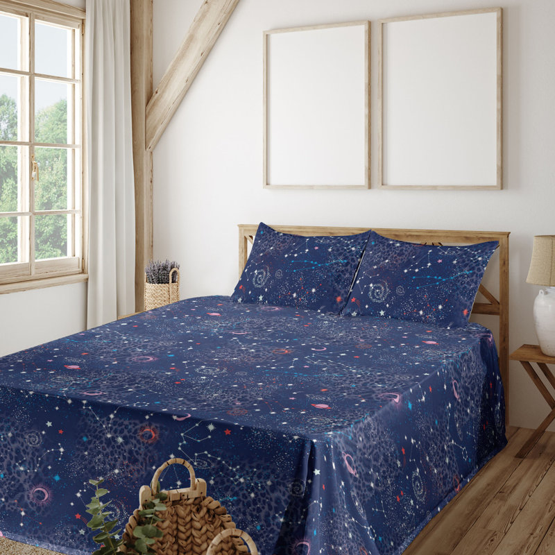 Ambesonne Outer Space Sheet Set Celestial Universe Art Dark Lavender Multicolor, Full Sheet Set with 2 Pillowcases