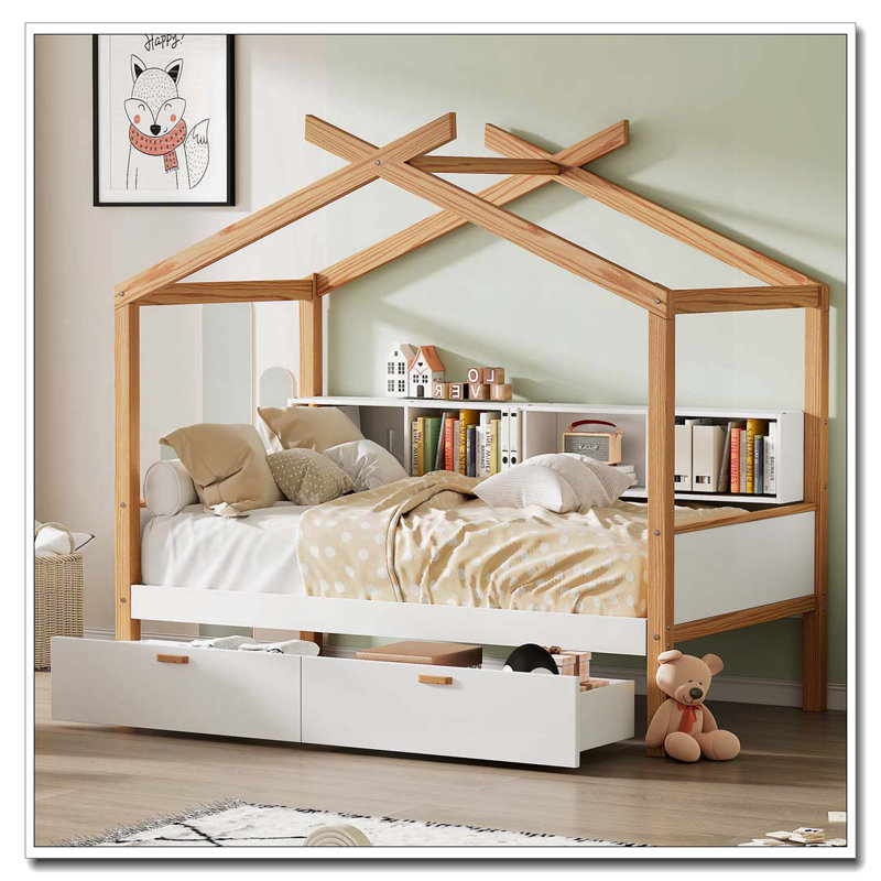Structure de lit en bois avec deux tiroirs et espace de rangement pour bibliothèque