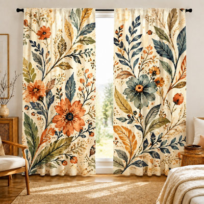 2Pcs Watercolor Floral Curtains, Vintage Botanical Print, Autumn Leaves & Flowers Design, Boho Style, Decorative Window Drapes, Ideal for Living Room, Bedroom, Farmhouse Decor, Rod Pocket Hanging, Light Filtering Fabric