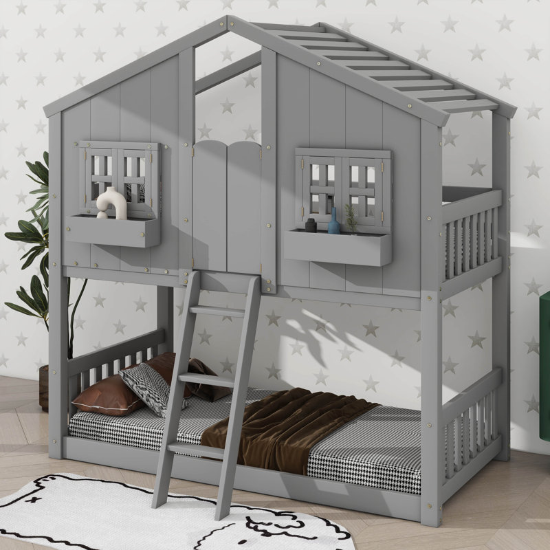 Twin-Over-Twin House-Themed Bunk Bed Complete With Roof, Window, Window Box, Door, Safety Rails, And Ladder, Gray
