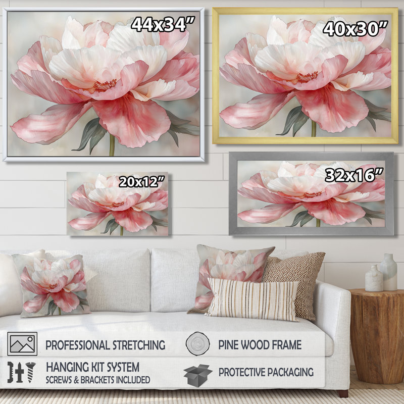 «Soft Blush Peony Symphony», art mural coquelicots pour le salon, H 12 po x l 20 po, Cadre simple noir