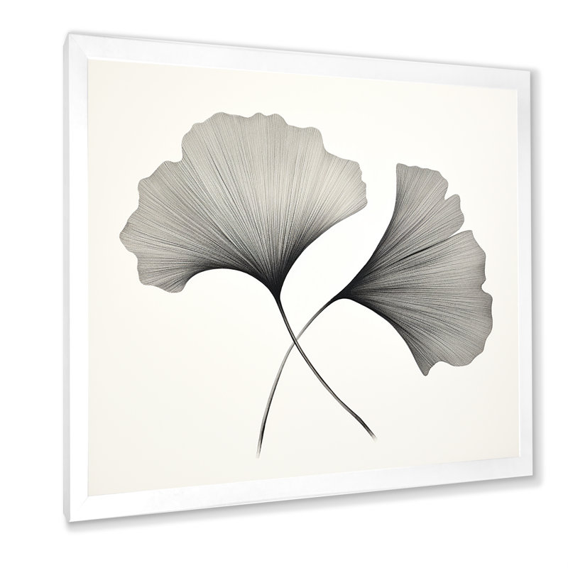Feuilles de ginkgo minimalistes grises et blanches I - reproduction sur toile, Cadre simple blanc, H 24 po x l 24 po x P 1 po