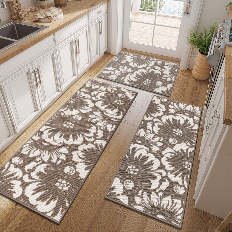 Floral Non-slip Washable Kitchen Mat (Set of 3）, Brown