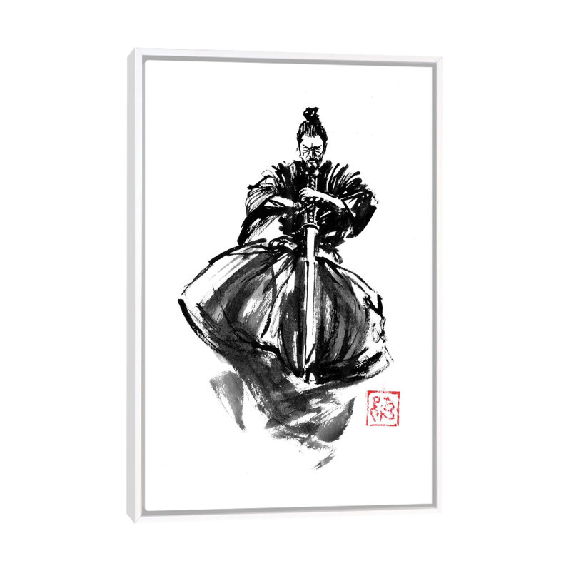 Samurai sautant et Katana - reproduction d'art murale - toile encadrée, 40 po x 26 po, Framed Canvas, White