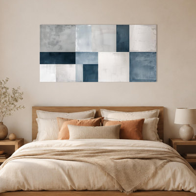 CXVU Extra Large Abstract Wall Art, Blue Gray White Geometric Canvas Wall Decor, Modern Block Artwork for Living Room Bedroom Office, Gallery Wrapped Ready to Hang 24x47"