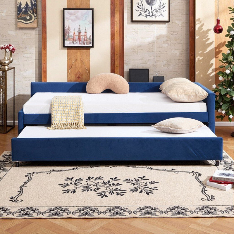 Twin Size Bed Frame, Upholstered Daybed with Trundle Velvet and MDF, Navy