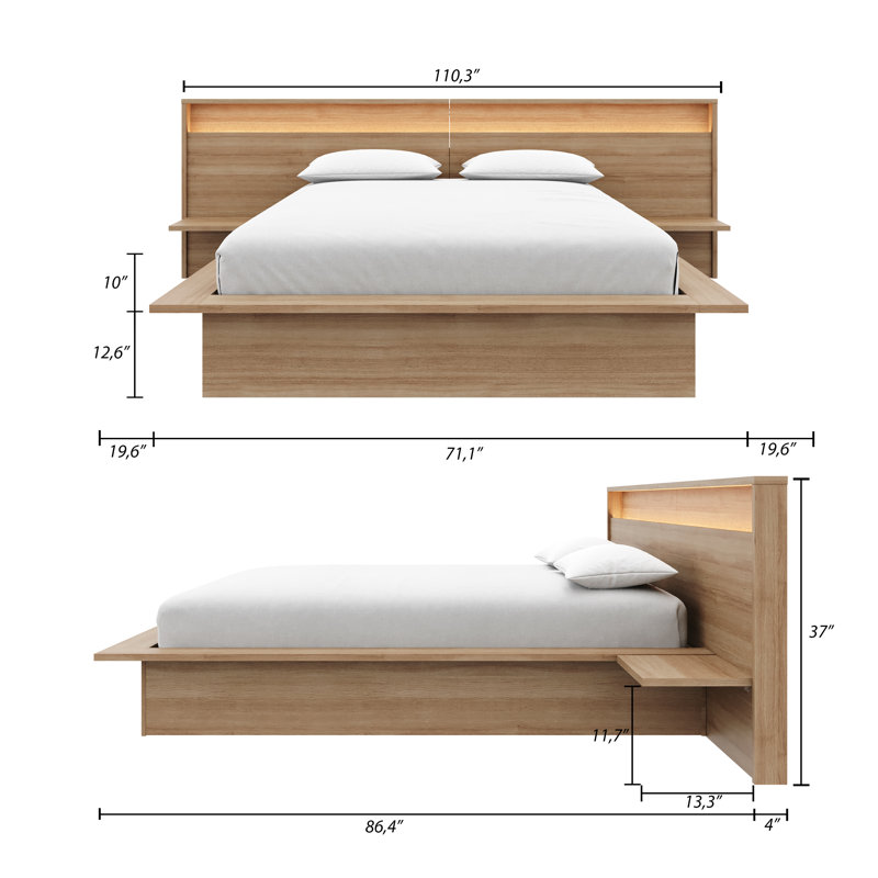 Monroe Queen Size Slatted Bedframe with Wide Headboard with Dimmable Lights, Brown