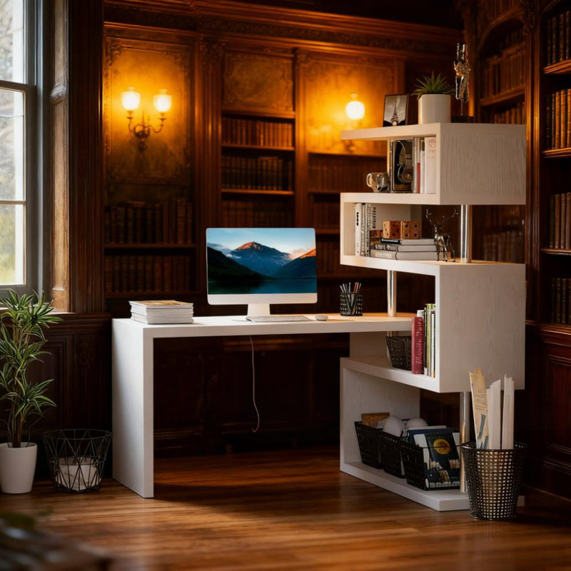 Bureau en coin avec tablette en L et tablettes en L
