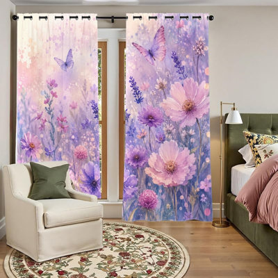 2PCS Grommet Top Blackout Window Curtains, Enchanting Meadow Watercolor Floral Butterfly Printed Drapes, Thermal Insulated, Noise Reducing, Privacy Protection, Room Darkening Decorative Window Coverings for Bedroom Living Dorm Indoor Home Decor