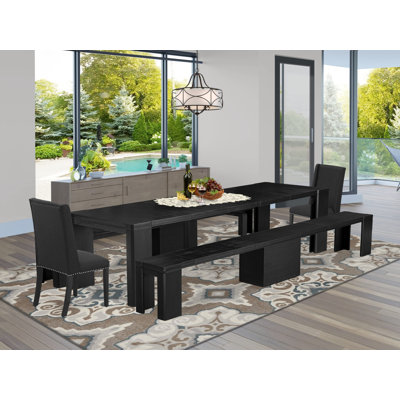 Ensemble de table de salle à manger 5 pièces comprenant une table de salle à manger rectangulaire et 2 bancs en bois 12 chaises de cuisine en tissu de lin noir, noir brossé