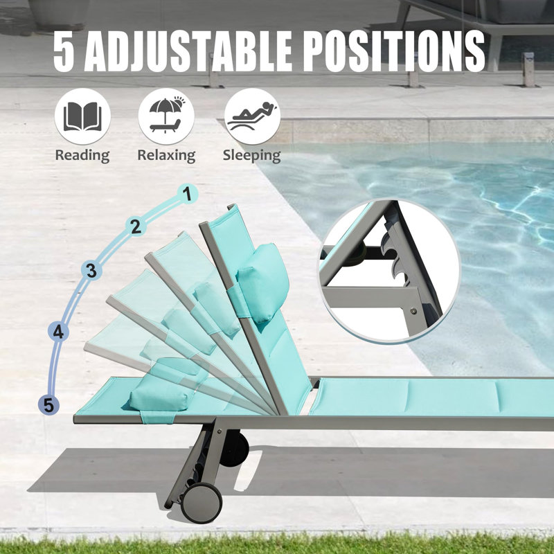 Ensemble de 3 chaises longues d'extérieur pour patio, Bleu lac