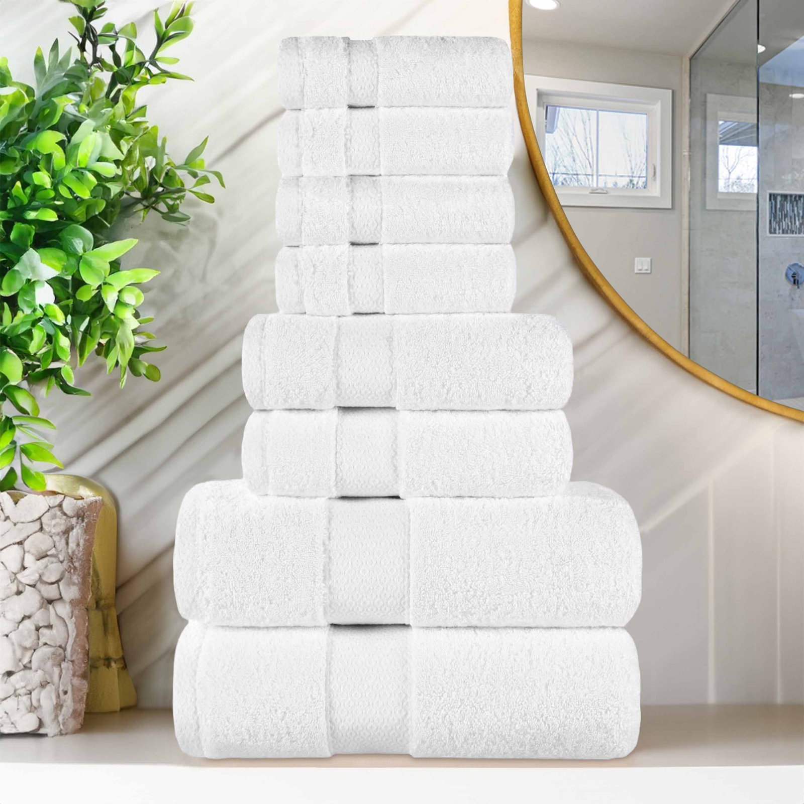 Niles Egyptian Giza Cotton, Diamond Dobby Border, Ultra-Plush Thick, Soft Absorbent, 8 Piece Towel Set, White