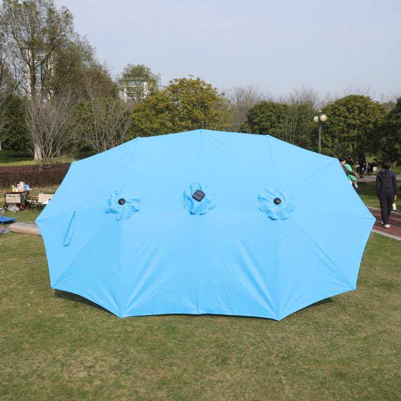 Grand parasol rectangulaire double 15 x 9 pi pour l'extérieur avec lumière et base, Bleu