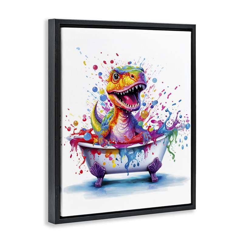 «Modern Splatter Dino» par Mary Cunningham, Cadre flottant noir de jais, H 21 po x l 17 po