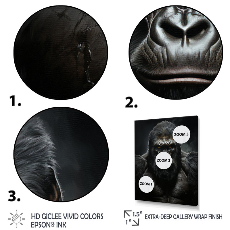 «Kouchu Black and White Gorilla Majestic III», reproduction d'art sur toile, Or, H 40 po x l 30 po x P 1,5 po