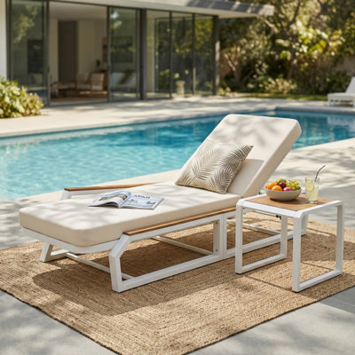 3-Piece Adjustable 5-Position Outdoor Chaise Lounge Set with Cushion & Side Table, Patio Reclining Lounger with Teak Wood Accents, Iron Frame