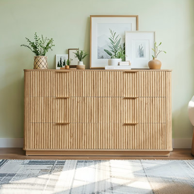 Oak 6 Drawer Dresser 55.12″ Wide, Modern Wave Curved TV Stand