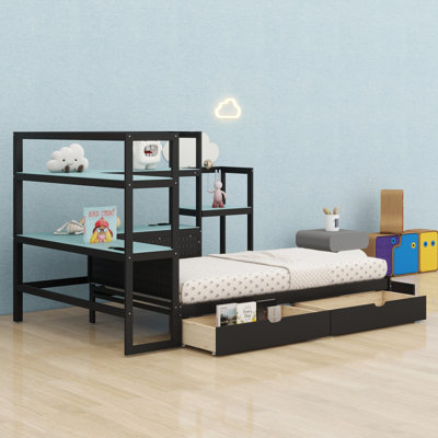 Contemporary Daybed with Desk, LED Lighting, Drawers, Shelves & Charging Station