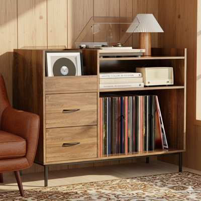 Record Player Stand With Storage For 500+ Albums, Mid-Century Modern Turntable Shelf & Drawers Sturdy Wood & Metal Audio Console For Living Room
