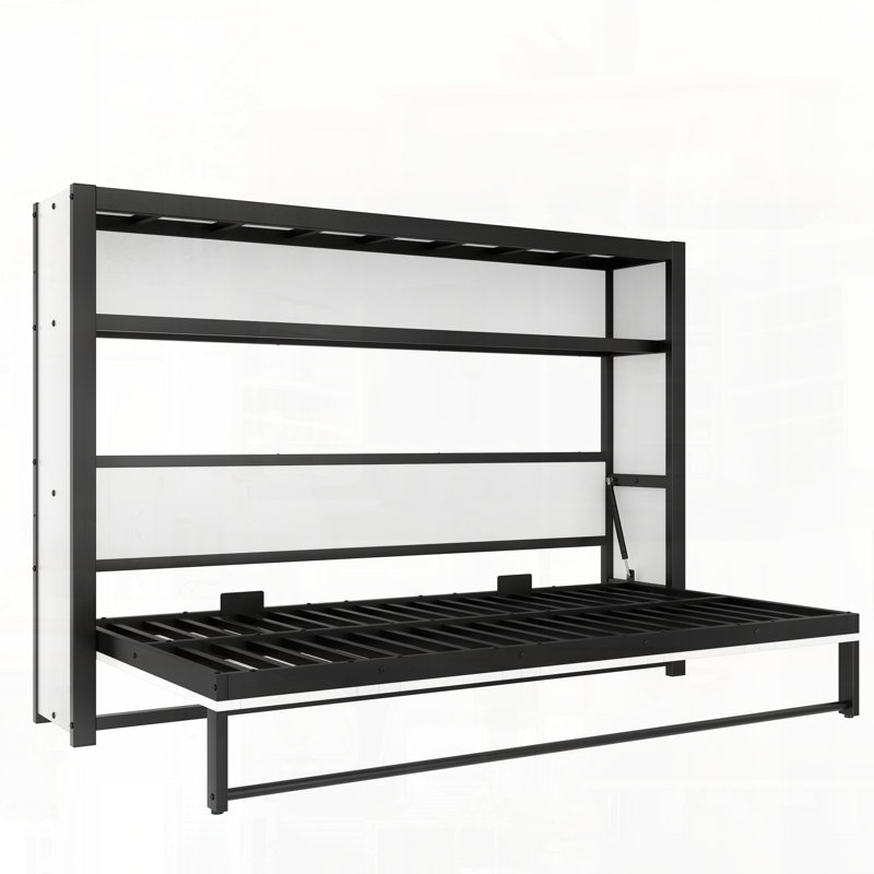 Lit escamotable avec tablettes Murphy, pliable et peu encombrant, Blanc cassé