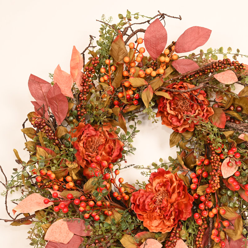 Couronne de pivoines orange artificielle 24 po avec baies mélangées, couronne de campagne rustique de l'Action de grâce