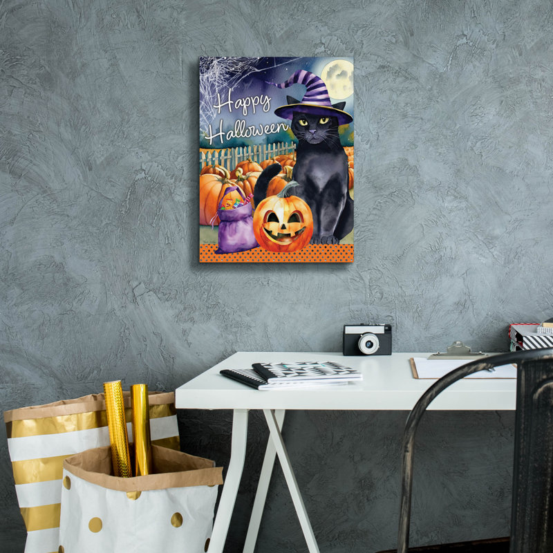 Toile épique Graffiti «Happy Halloween Witch Cat» par Nicole DeCamp, 12 po x 16 po