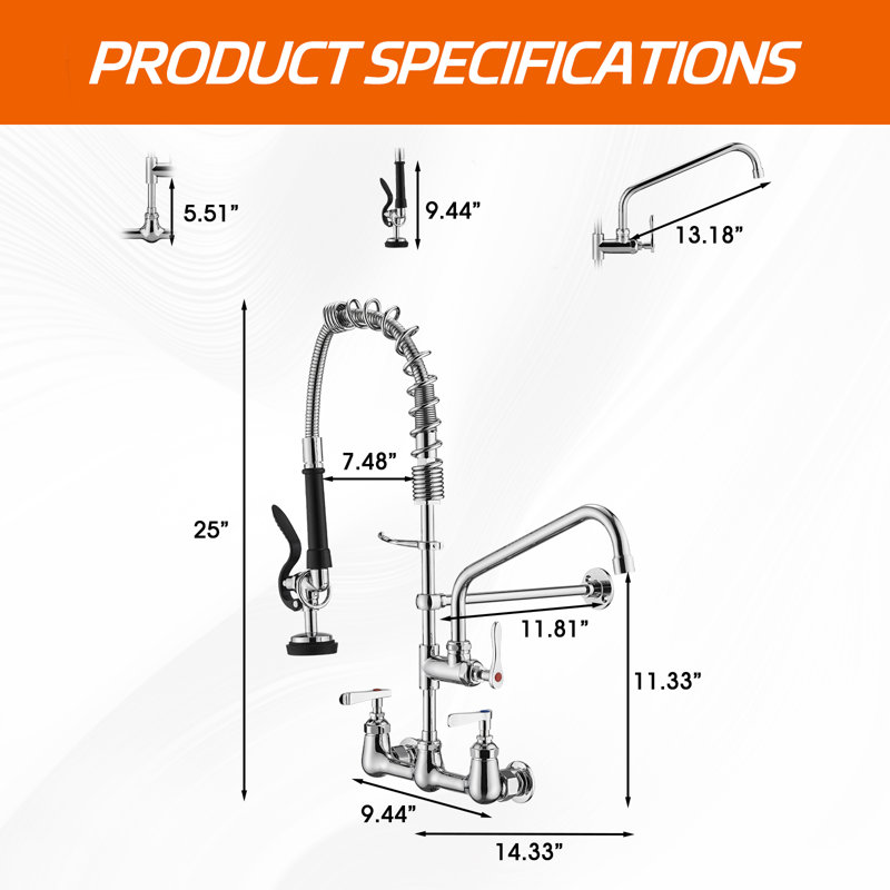 SOUEEUM Commercial Kitchen Faucet Wall Mount with Pre-Rinse Sprayer 25Inch