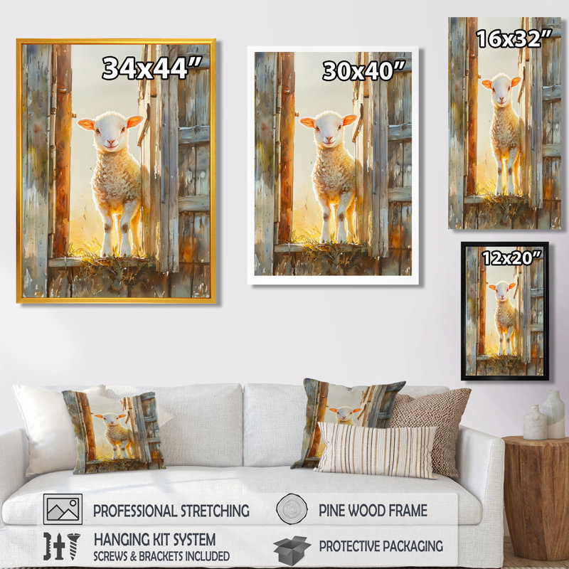 Dorottya Photo of Sheep Portrait at The Barn - Art mural de mouton, Impression encadrée flottante, H 20 po x l 12 po, Doré