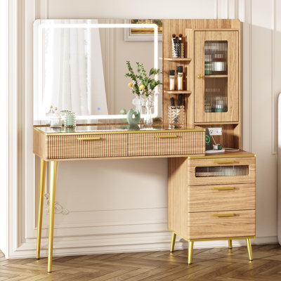 Meuble-lavabo moderne 47,24 "avec miroir lumineux HD 29,53" - 5 tiroirs et tablettes de rangement - Station de charge - Coiffeuse à DEL 3 couleurs pour chambre à coucher - couleur chêne (2 colis expédiés)