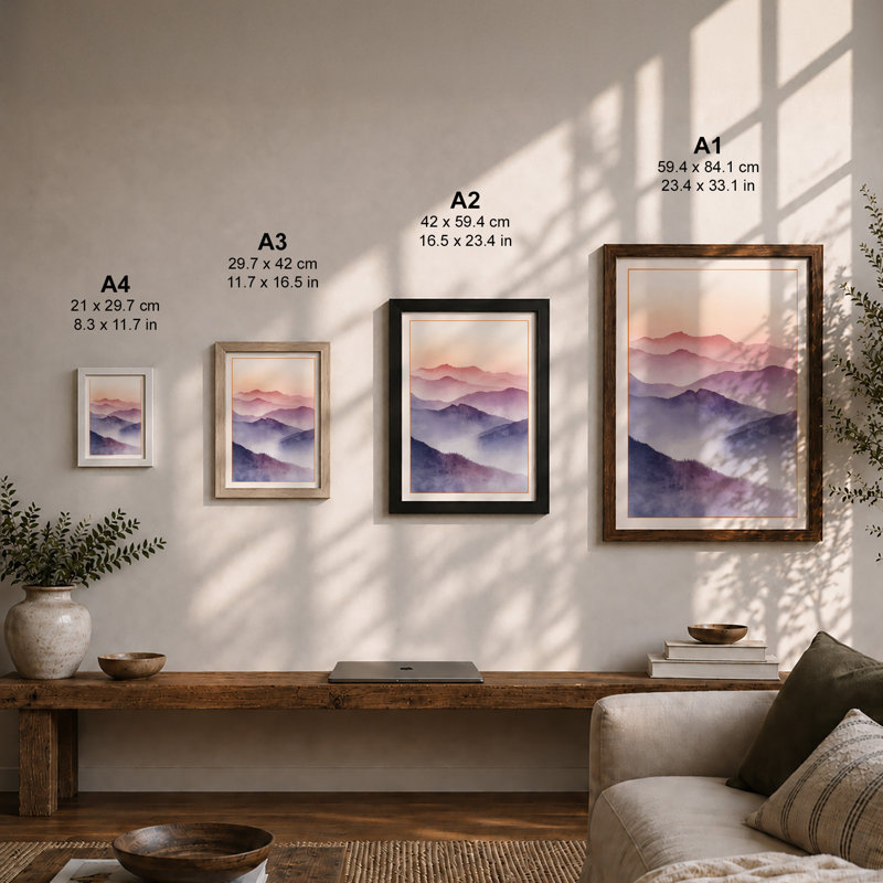 Mountains in Mist Scandinavian - Framed Print, Black, A3 - 42.0 x 29.7 cm