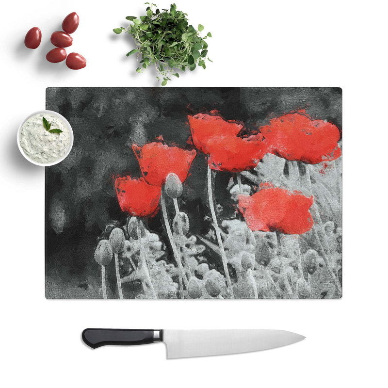 Tempered Glass Poppy Field Chopping Board, 39 cm W x 28.5 cm L