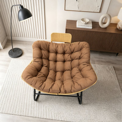 Oversized Papasan Rocking Chair with Thick Cushion and Rattan Head Pillow