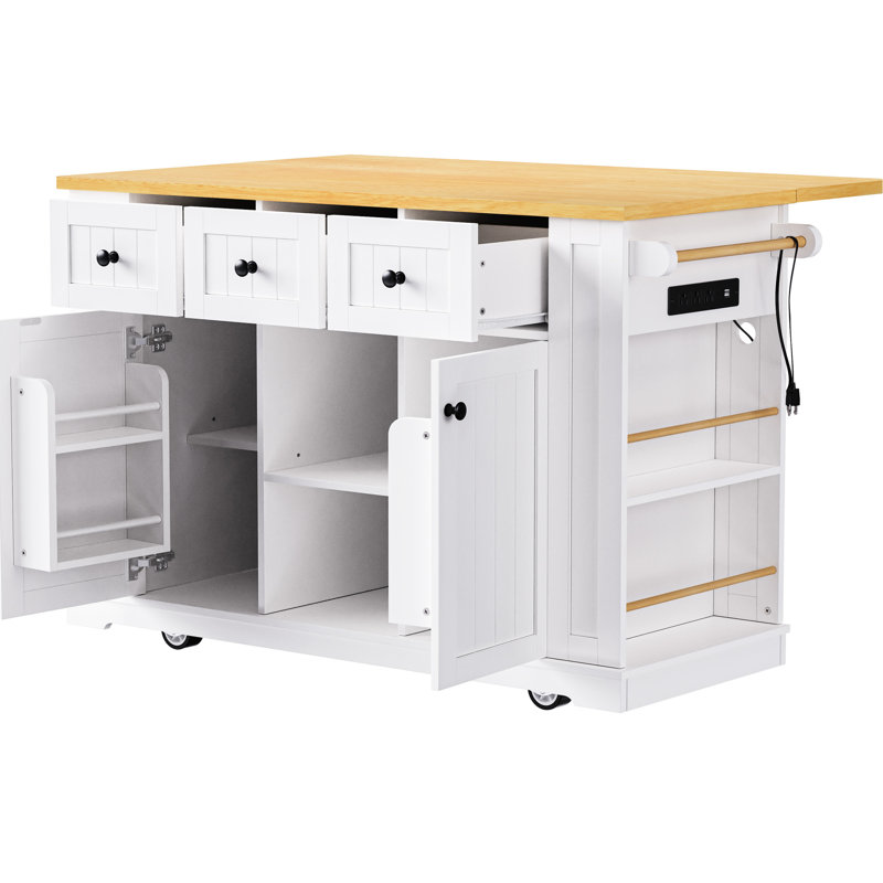 Îlot de cuisine de 53 po avec 2 tabourets, insertion de bloc d'alimentation, 5 étagères mobiles, support de rangement interne, abattant, 3 tiroirs pour le luxe et la salle à manger, une prise de courant blanche de 53 po