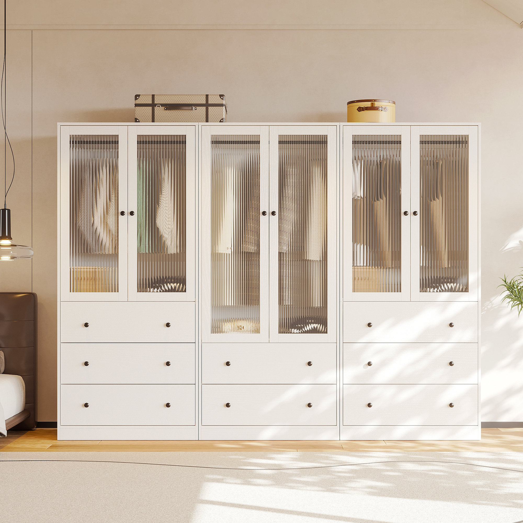 Latitude Run® 20"D x 94.5"W x 71"H Modern Armoire With Soft-Close Doors Fluted Glass Wardrobe Closet With Shelves & Drawers | Wayfair