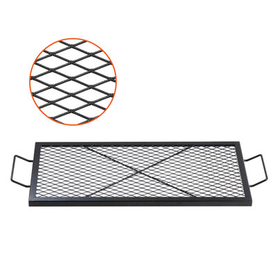 Gril de foyer 32 po X-Marks, batterie de cuisine en acier robuste pour le feu de camp, portatif pour la cuisson en plein air, acier, transfert de chaleur uniforme, feu de camp rectangulaire idéal pour la cuisson du steak, camping, antirouille et