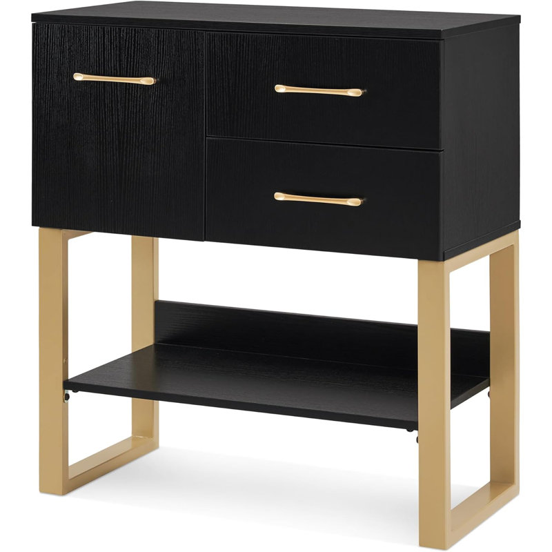 Quintonio Modern Console Table with Drawer, Storage Cabinet and Shelf, Black, Gold