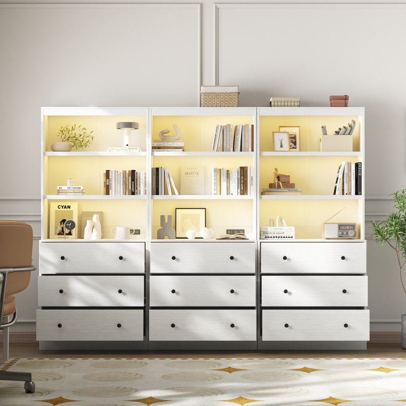 71"H X 70.8"W Book Cabinet Storage Bookcase with USB & Type-C Charging Ports and LED Lights (3A), White