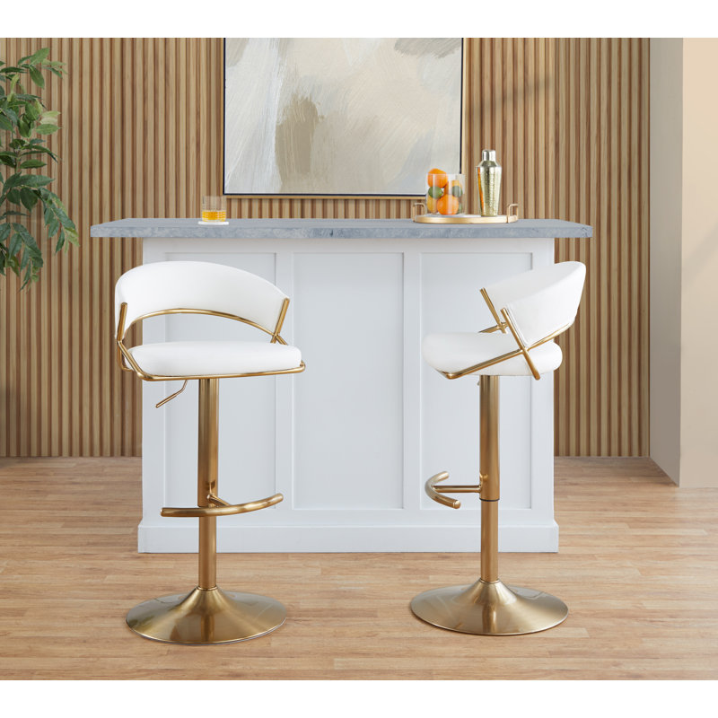Loehr Adjustable Bar Stools with Rounded T Footrest, White Faux Leather, Gold