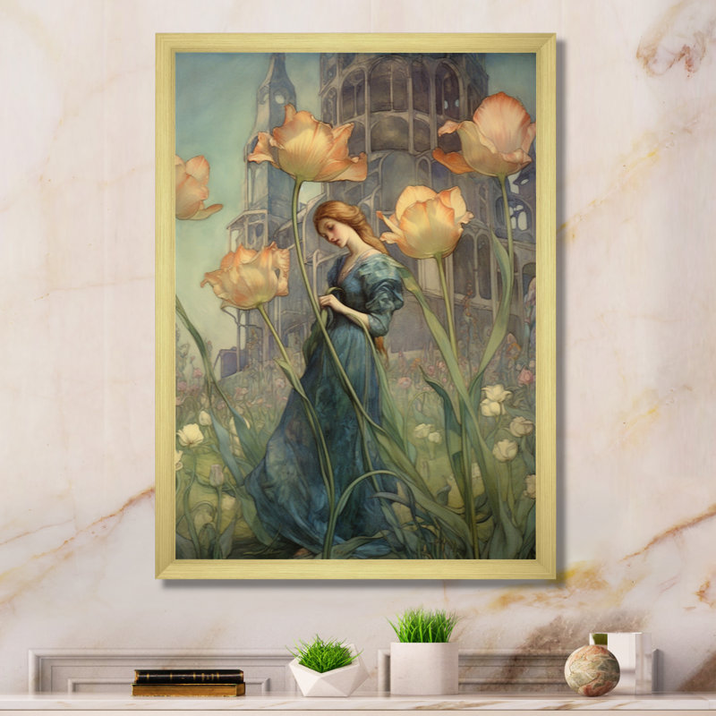 «Wandering in Yellow Tulip Dreams» - Impression, Cadre photo doré simple, H 40 po x l 30 po x P 1,5 po
