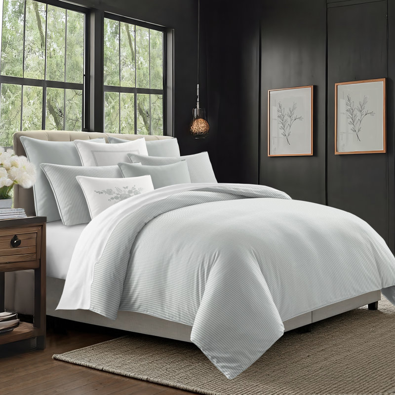 Ruben Stripe Reversible Cotton Duvet Cover Set, Cal.King Duvet Cover + 2 King Shams, Sage