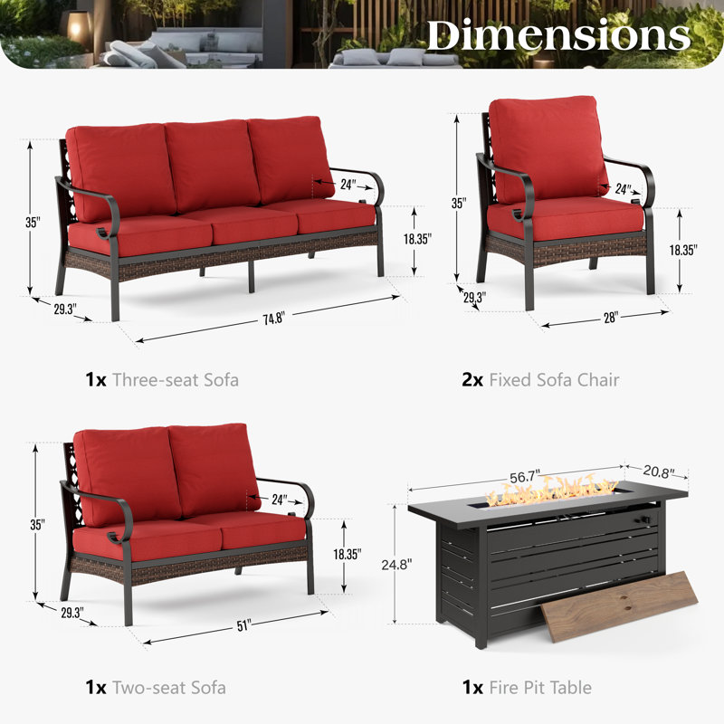 7 - Person Outdoor Furniture Sets With Fire Pit Table, Black/Red/Black