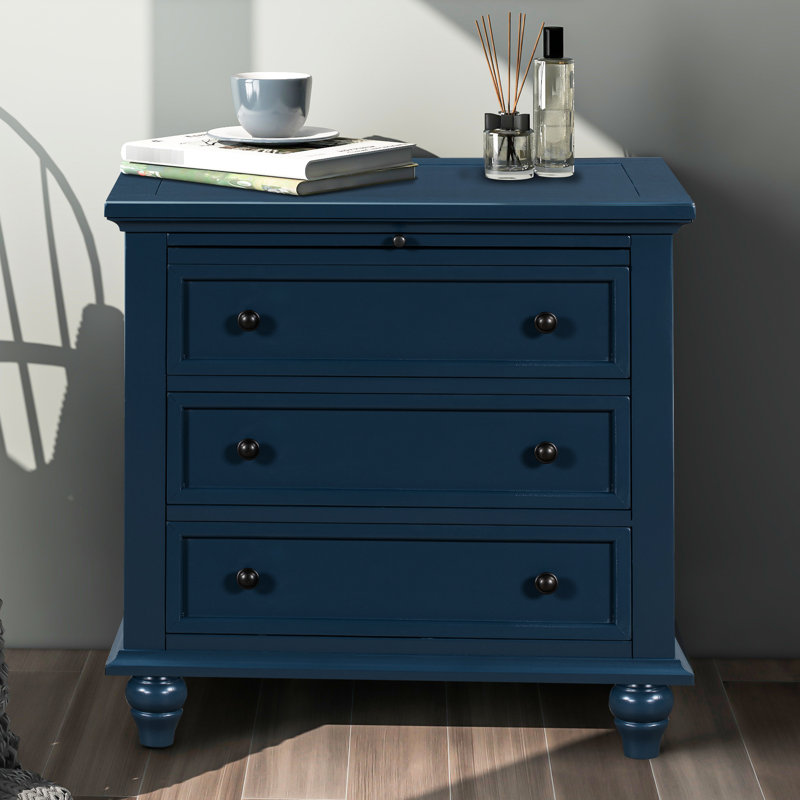 Meuble de rangement bleu à 3 compartiments, table d'appoint robuste en bois avec plateau coulissant, meuble polyvalent