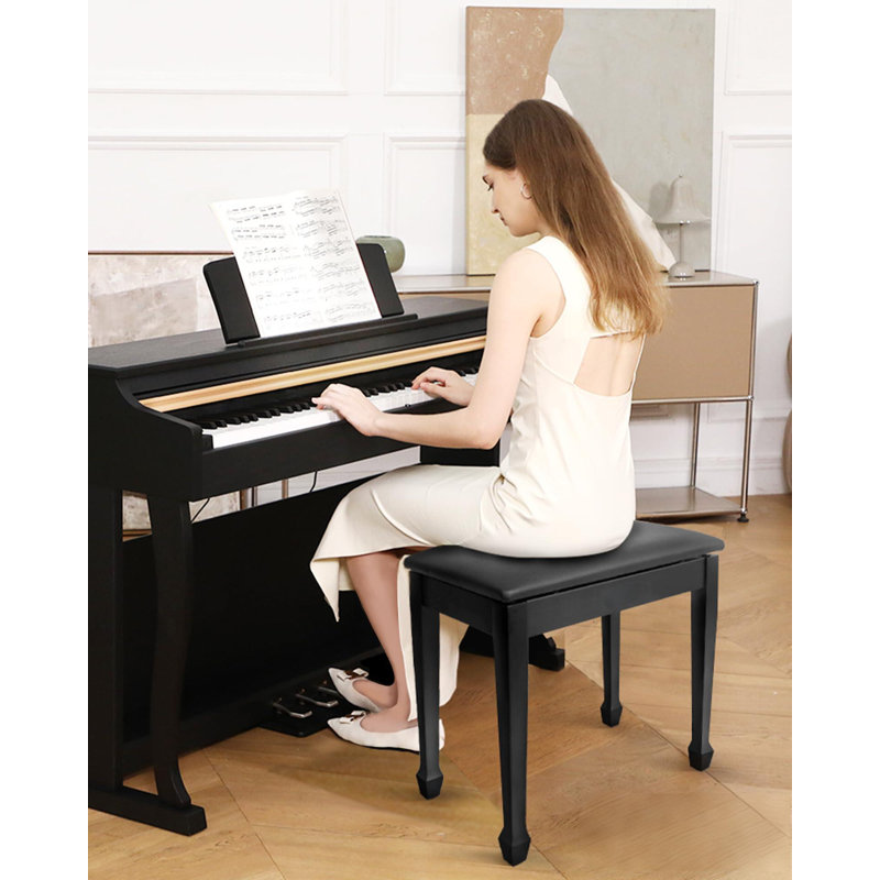 Piano Bench With Storage, Piano Stool And Padded Cushion, Solid Wood Keyboard Bench Piano Bookcase Stool Chair Seat With Waterproof Non-Slip, Black