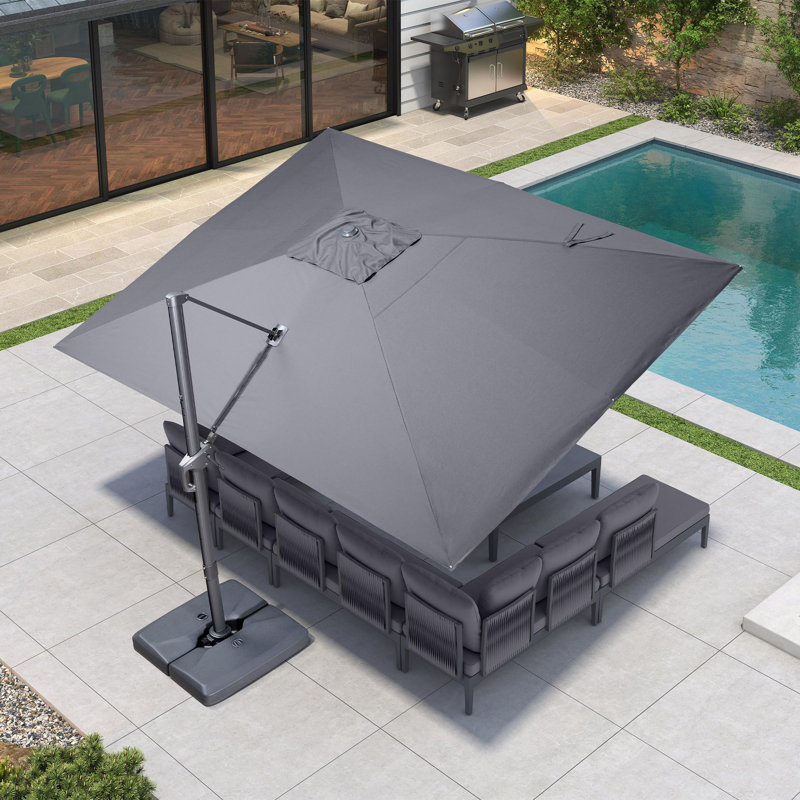 Grand parasol extérieur rectangulaire en porte-à-faux gris rectangulaire en aluminium 10 pi x 13 pi avec tissu recyclé résistant à la décoloration de 3 ans et rotation à 360 degrés pour terrasse