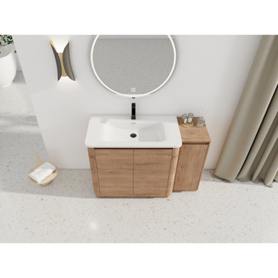48'' Freestanding Bathroom Vanity With White Ceramic Sink, Single Small Storage Cabinet, Soft-Close Functionality Utility, Imitative Oak For Applicability Including 1 Door Mechanism Design, Plywood